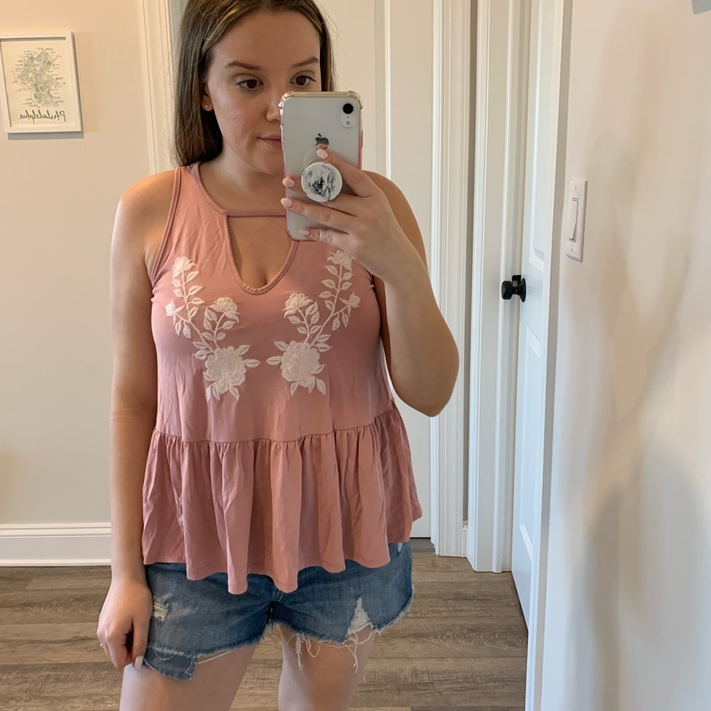 Alya Pink Floral Embroidered Flowy Top, Size Small